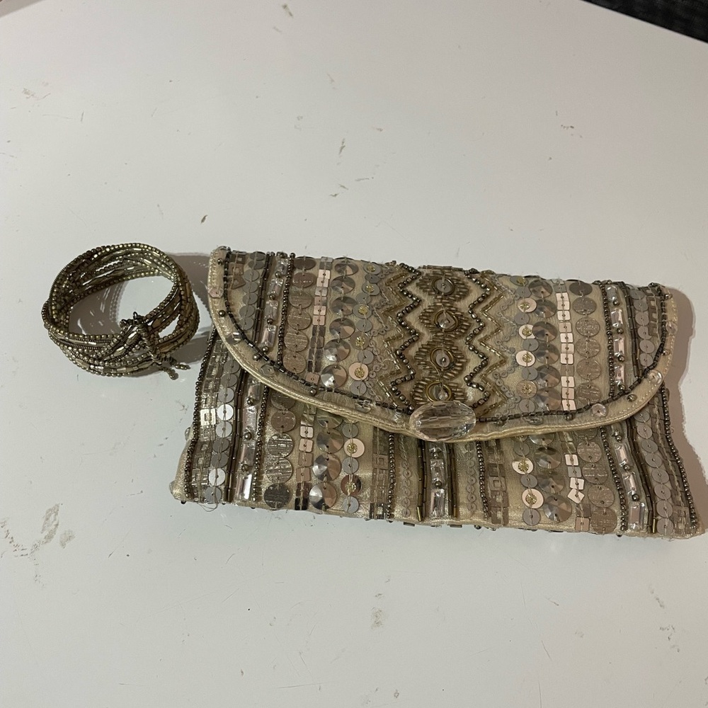 Elegant Beaded Clutch with a matching bracelet - Gold and Silver